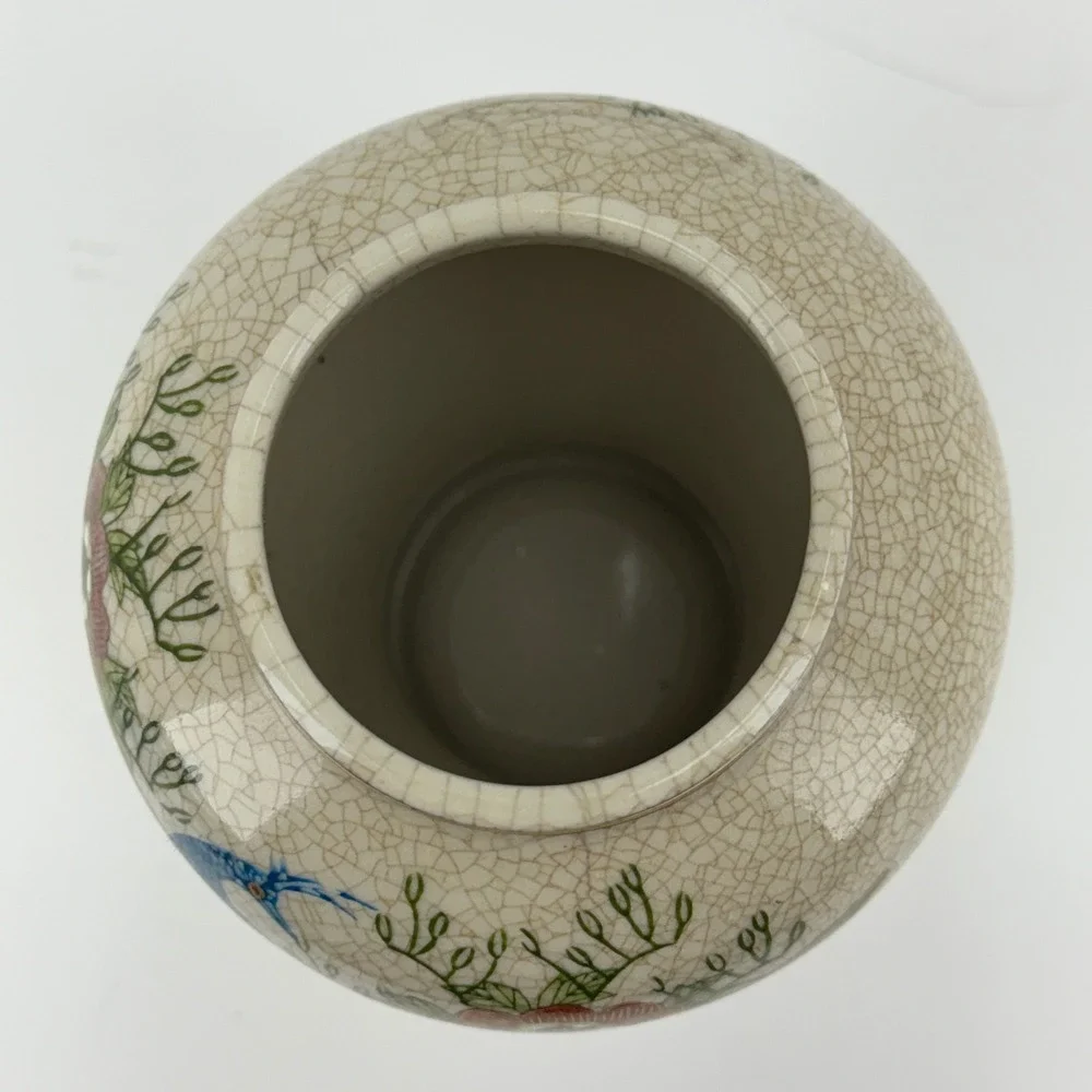 Vintage Kutani Porcelain Crackle Glaze Vase Peacock Floral Gold Trim Asian Style